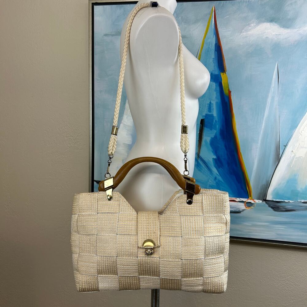 Vintage Woven Shoulder Bag with wooden handles and rope shoulder strap